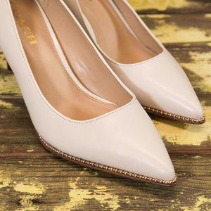 Coach Cream Stilettos with Studded Golden Accent and Wooden Pattern Heel